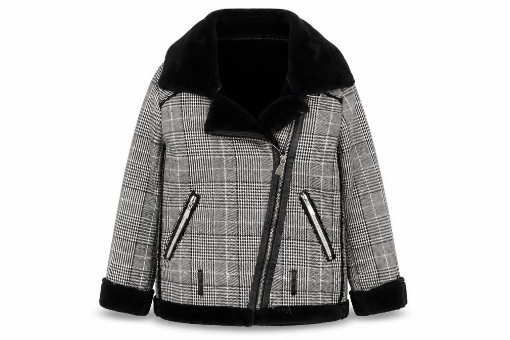 Front view of Voyelles women’s grey plaid jacket, size UK 8, zip - zip pockets