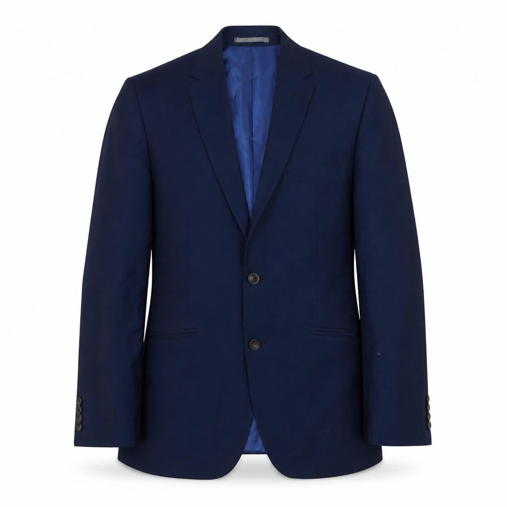 Front view of Marks & Spencer men’s blue polyester jacket suit jacket, size 40, regular