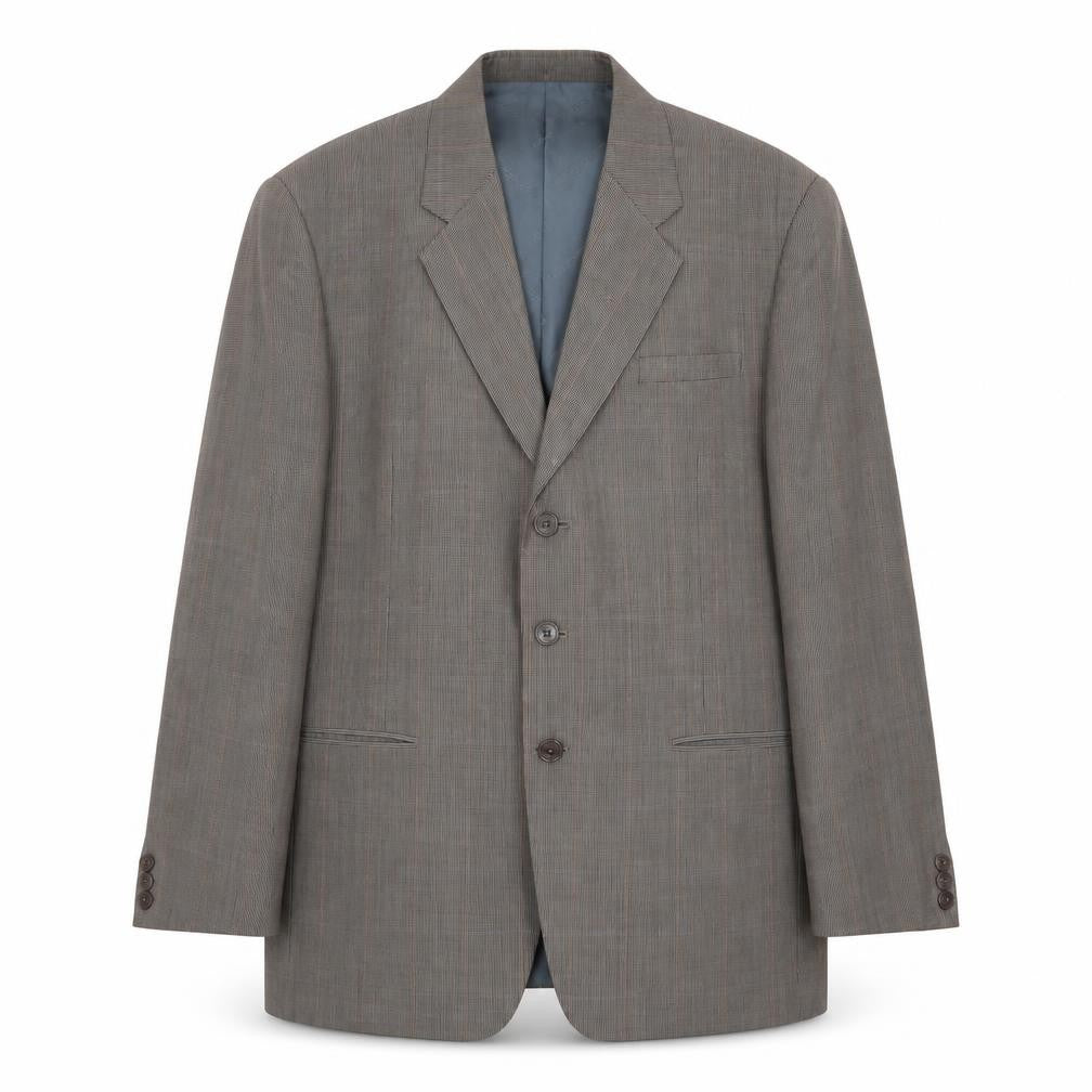 Front view of Double Bull men’s brown plaid polyester jacket suit jacket, size 42, regular