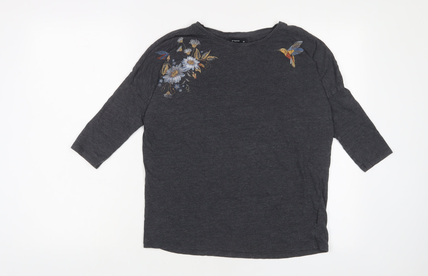 RESERVED Womens Grey Floral Cotton Basic T-Shirt Size XS Boat Neck