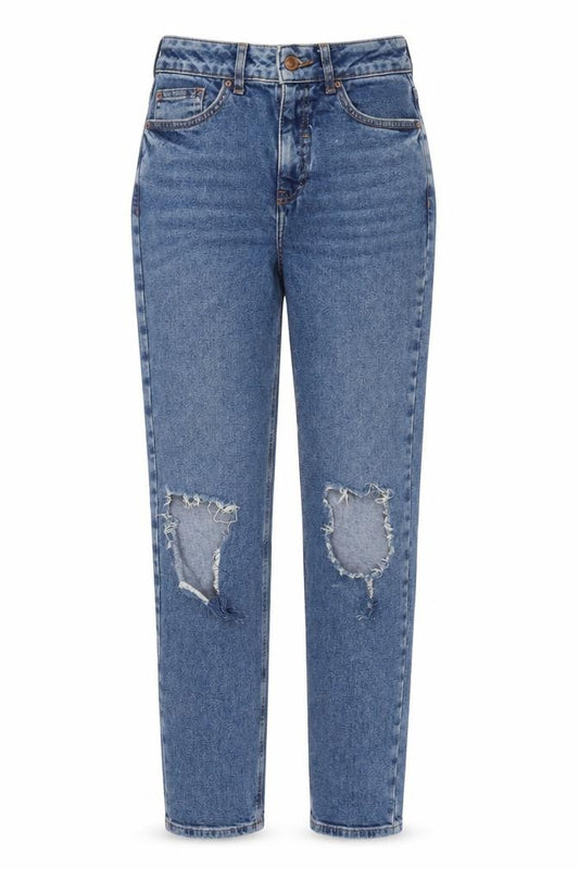Front view of New Look women’s blue cotton mom jeans, size UK 8, 29-inch leg regular zip