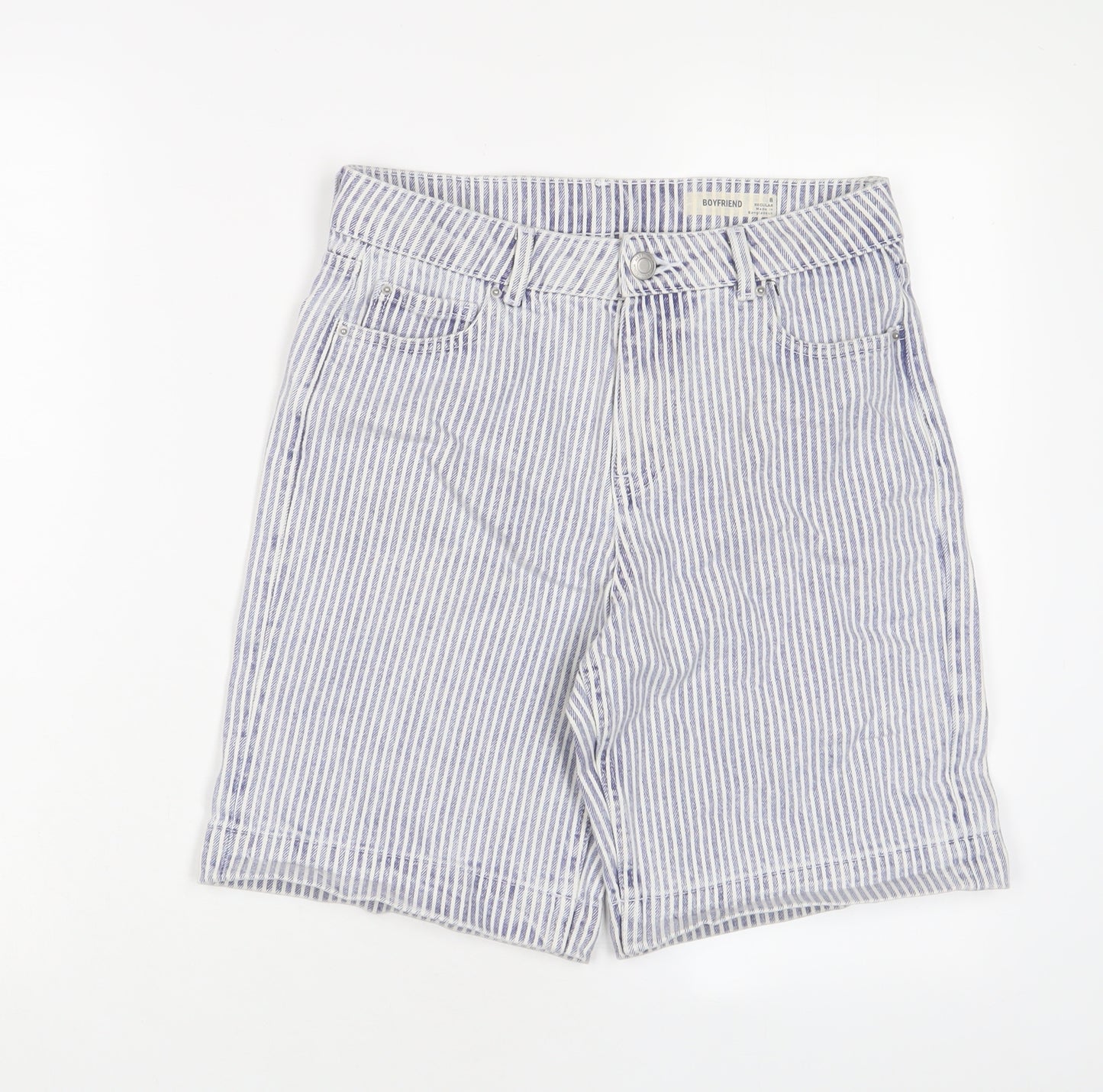 Marks and Spencer Womens Blue Striped Cotton Boyfriend Shorts Size 8 L20 in Regular Zip