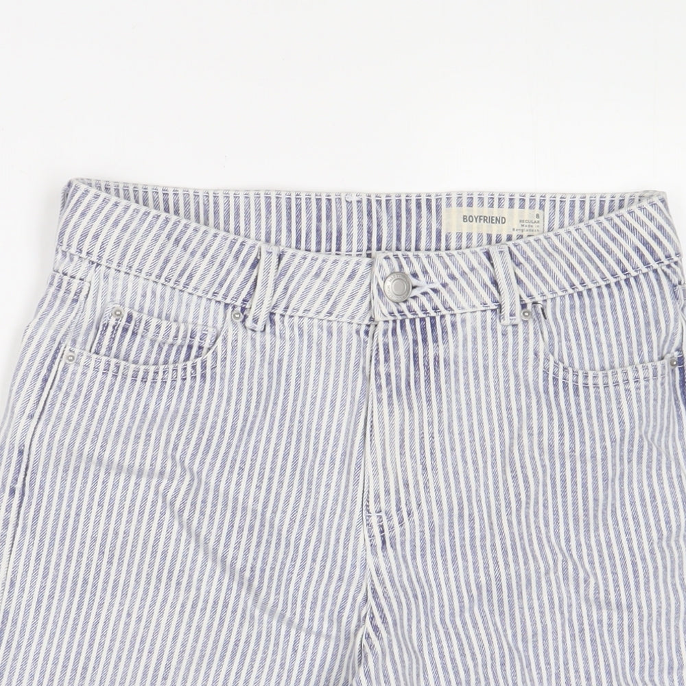 Marks and Spencer Womens Blue Striped Cotton Boyfriend Shorts Size 8 L20 in Regular Zip