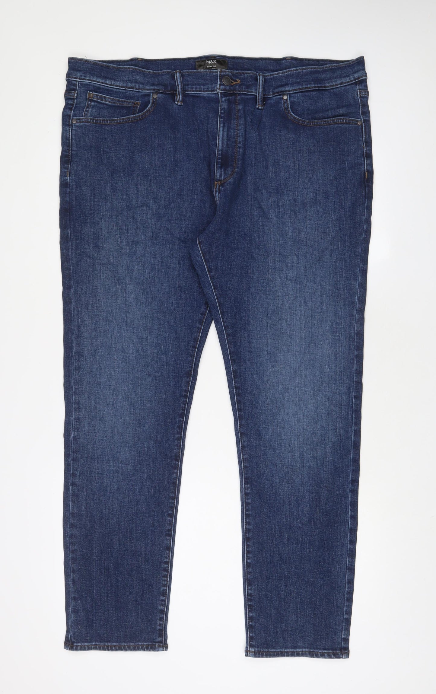 Marks and Spencer Mens Blue Cotton Straight Jeans Size 42 in L31 in Slim Zip