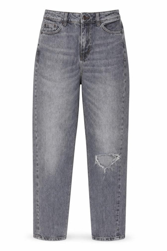 Front view of Topshop women’s grey cotton mom jeans, size UK 26, in, 32-inch leg regular zip