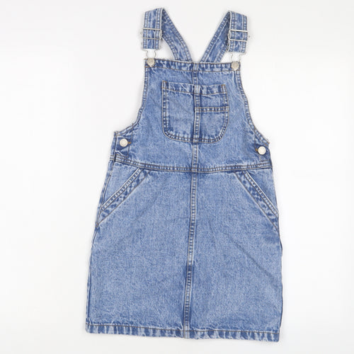 George Girls Blue Cotton Pinafore/Dungaree Dress Size 8-9 Years Square Neck Button