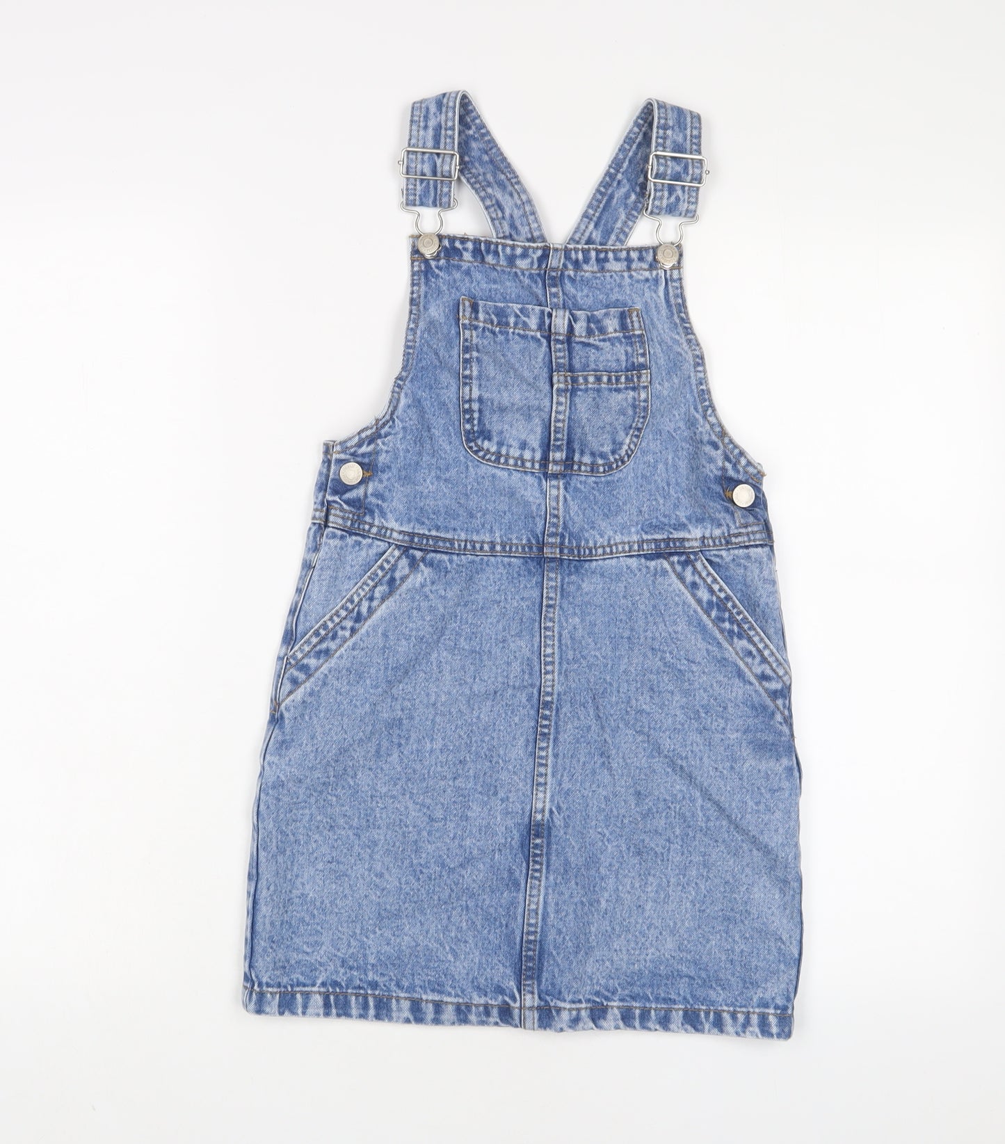 George Girls Blue Cotton Pinafore/Dungaree Dress Size 8-9 Years Square Neck Button