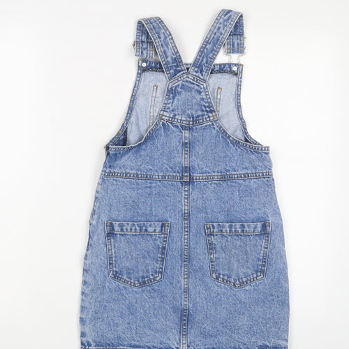 George Girls Blue Cotton Pinafore/Dungaree Dress Size 8-9 Years Square Neck Button