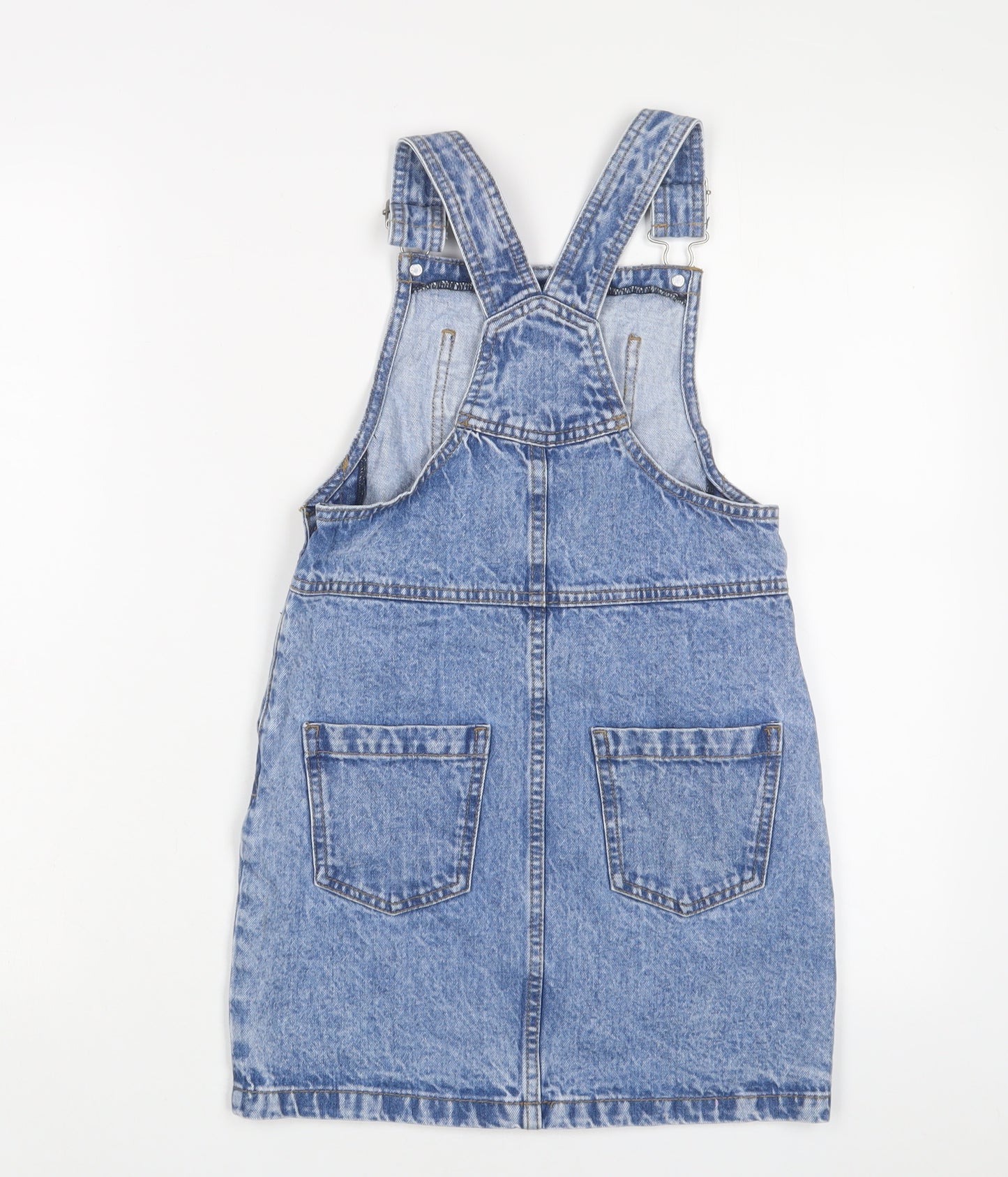 George Girls Blue Cotton Pinafore/Dungaree Dress Size 8-9 Years Square Neck Button