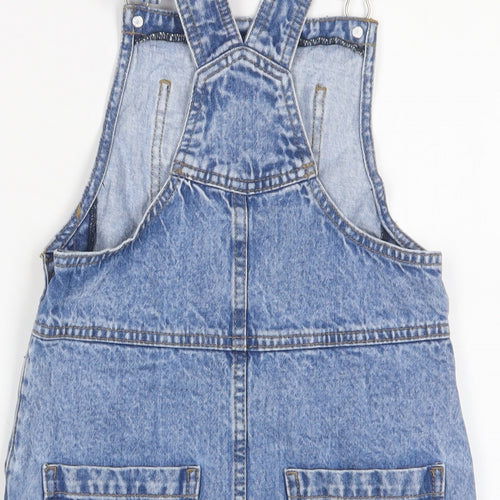 George Girls Blue Cotton Pinafore/Dungaree Dress Size 8-9 Years Square Neck Button