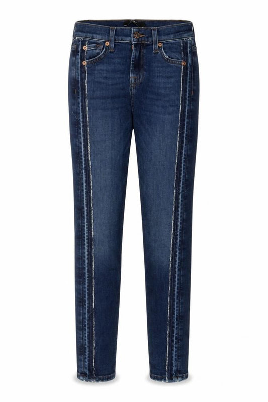 Front view of 7 For All Mankind women’s blue cotton skinny jeans, size UK 23, in, 28-inch leg regular zip