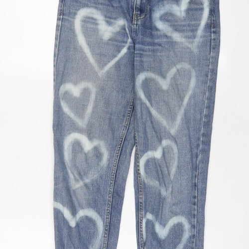 Topshop Womens Blue Geometric Cotton Straight Jeans Size 26 in L32 in Regular Zip - Heart Print