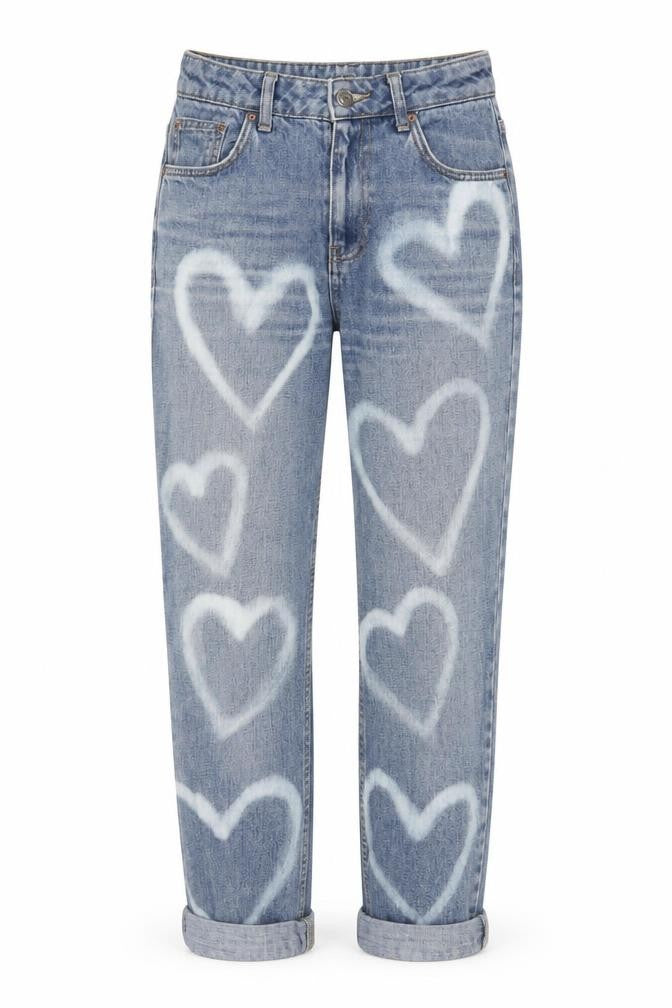 Topshop Womens Blue Geometric Cotton Straight Jeans Size 26 in L32 in Regular Zip - Heart Print