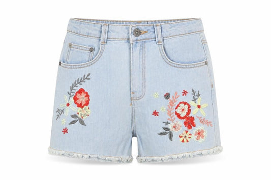 Kiabi Girls Blue Floral Cotton Bermuda Shorts Size 14 Years L3 in Regular Zip - Embroidered