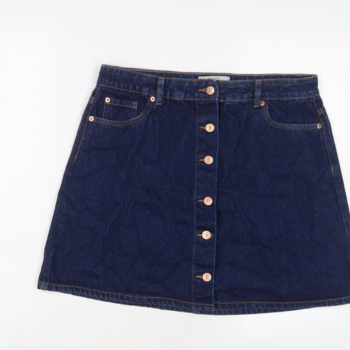 New Look Womens Blue Cotton A-Line Skirt Size 14 Button