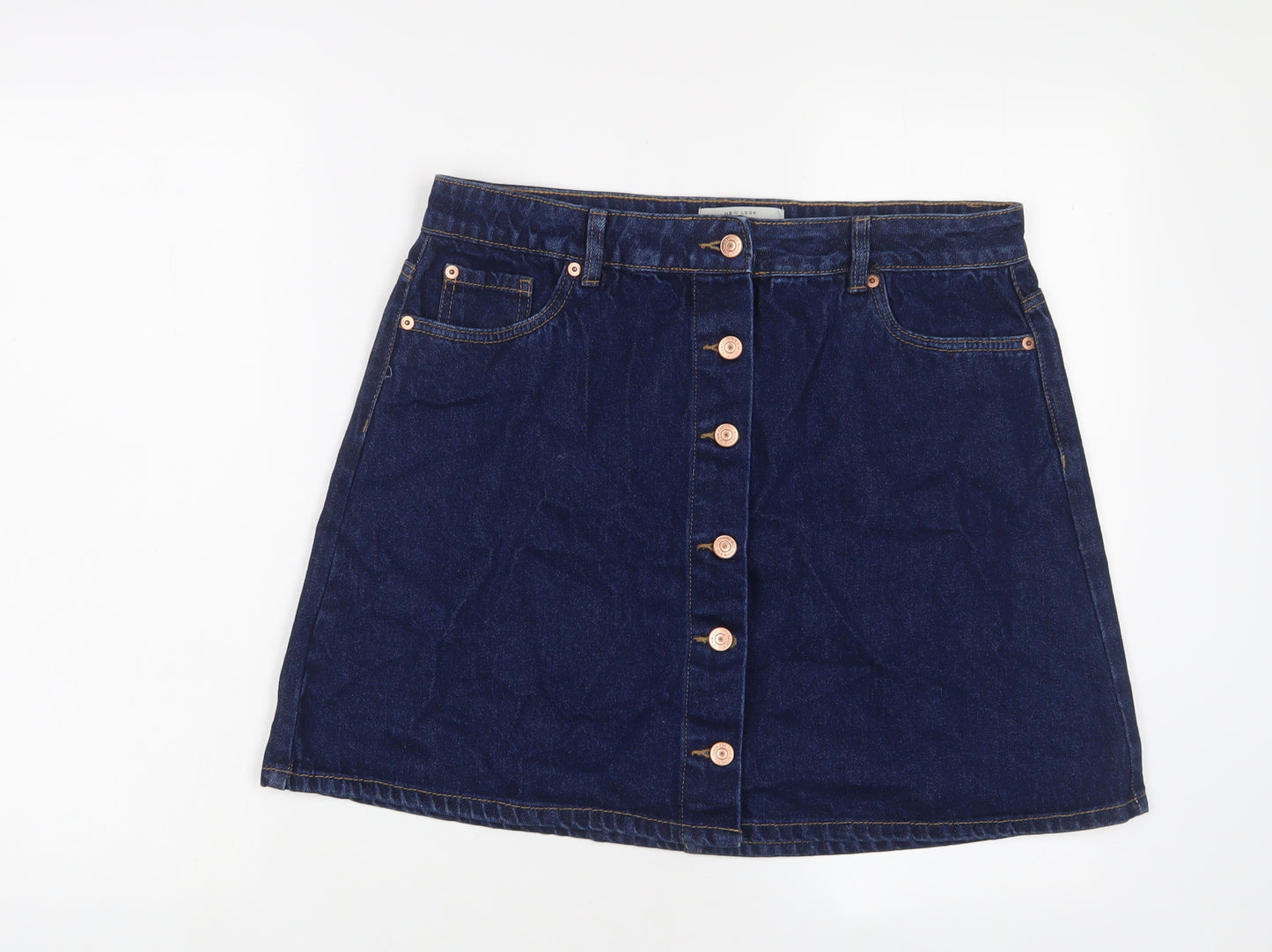 New Look Womens Blue Cotton A-Line Skirt Size 14 Button
