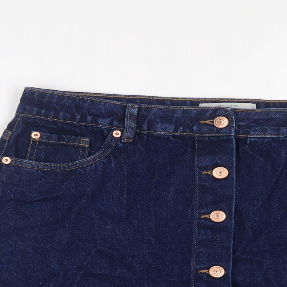 New Look Womens Blue Cotton A-Line Skirt Size 14 Button