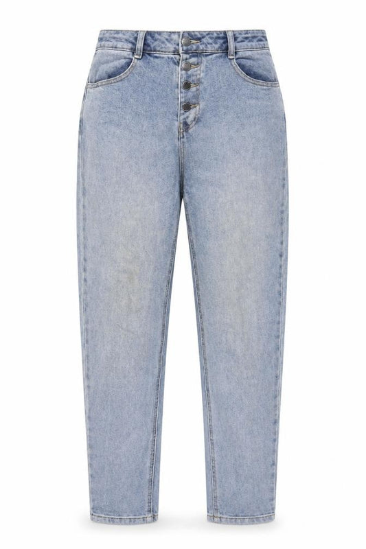 Front view of Tu women’s blue cotton mom jeans, size UK 12, 29-inch leg regular button