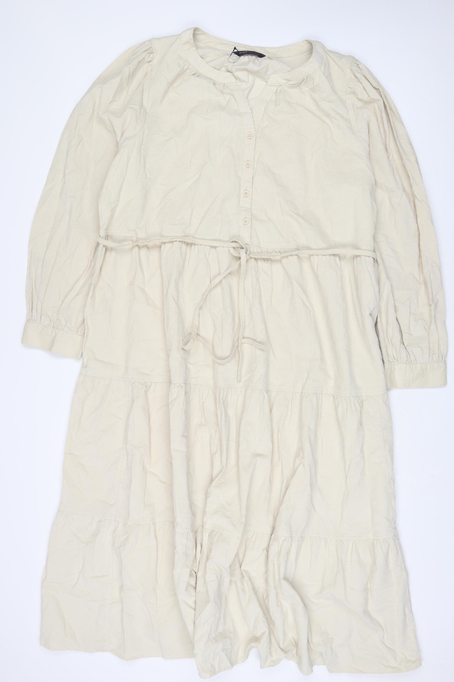 Marks and Spencer Womens Beige Cotton A-Line Size 22 V-Neck Button - Belted