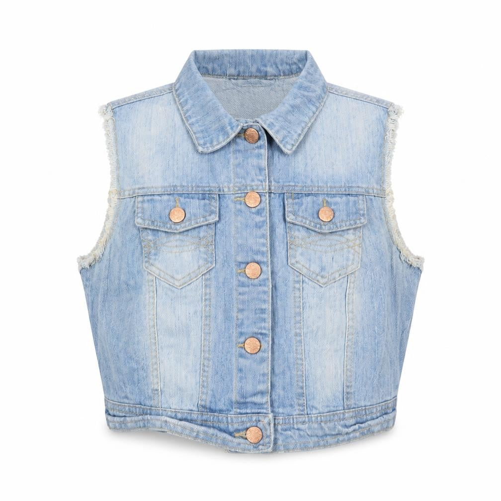 Front view of Denim & Co. women’s blue gilet jacket, size UK 14, button