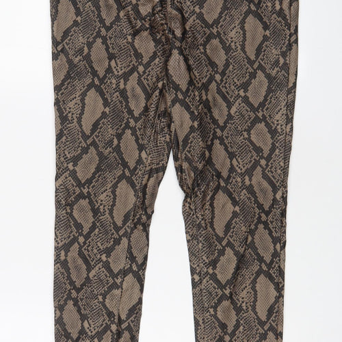 Boohoo Womens Brown Animal Print Viscose Trousers Size 12 L28 in Regular Zip - Leather Look