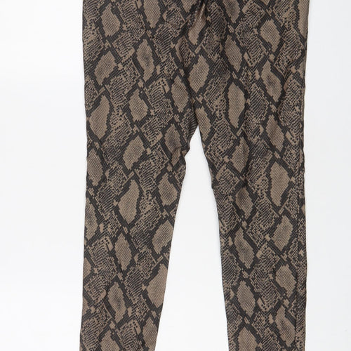 Boohoo Womens Brown Animal Print Viscose Trousers Size 12 L28 in Regular Zip - Leather Look