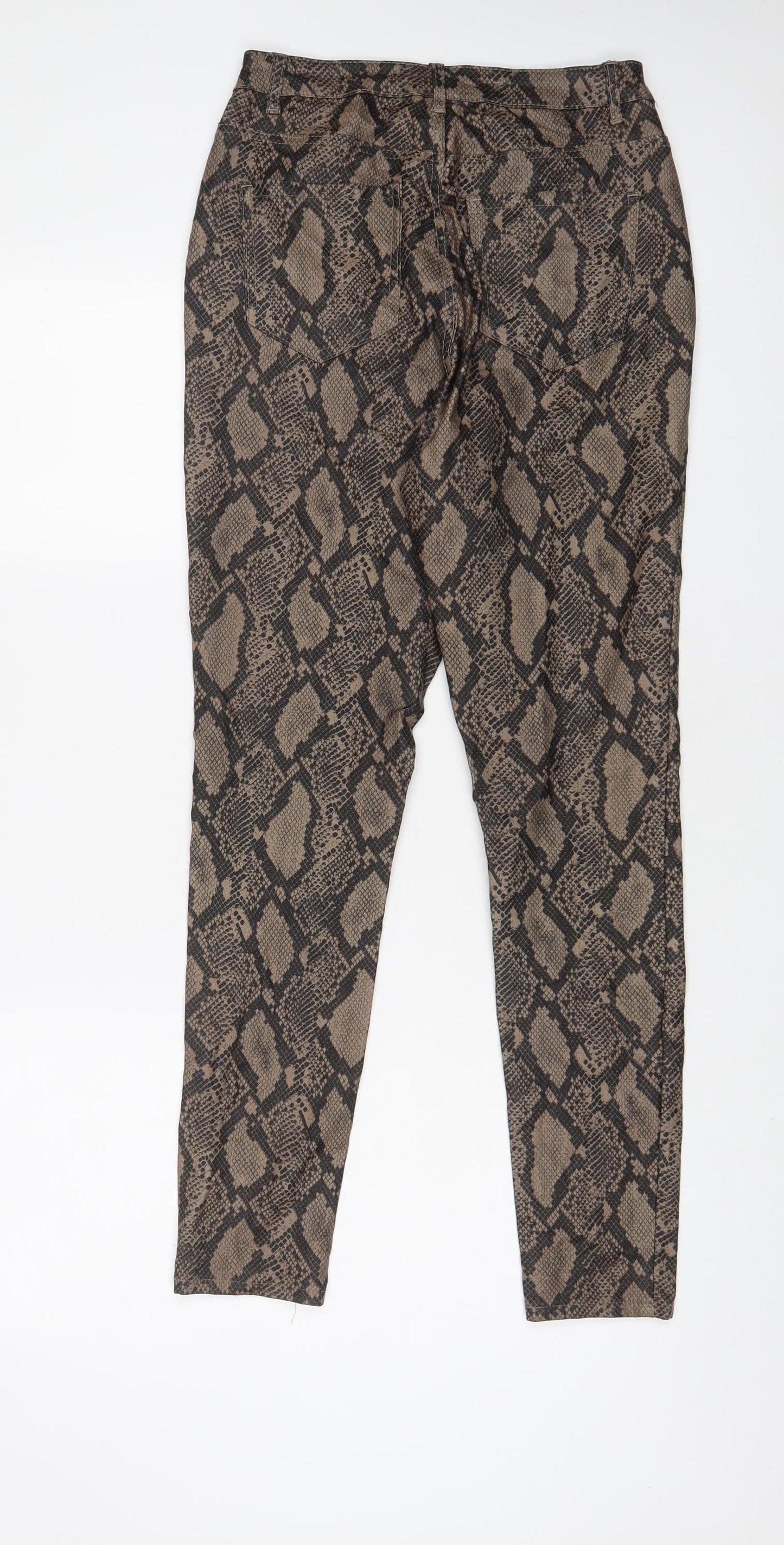 Boohoo Womens Brown Animal Print Viscose Trousers Size 12 L28 in Regular Zip - Leather Look