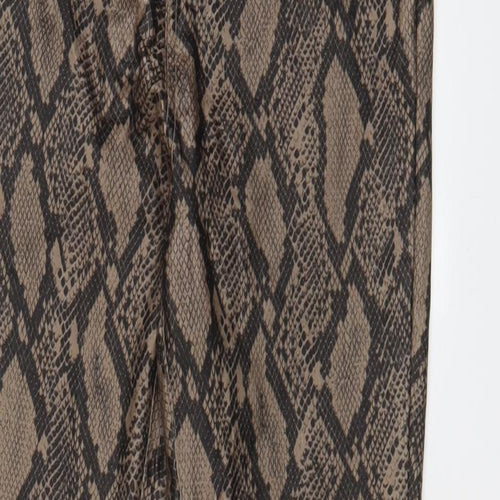 Boohoo Womens Brown Animal Print Viscose Trousers Size 12 L28 in Regular Zip - Leather Look