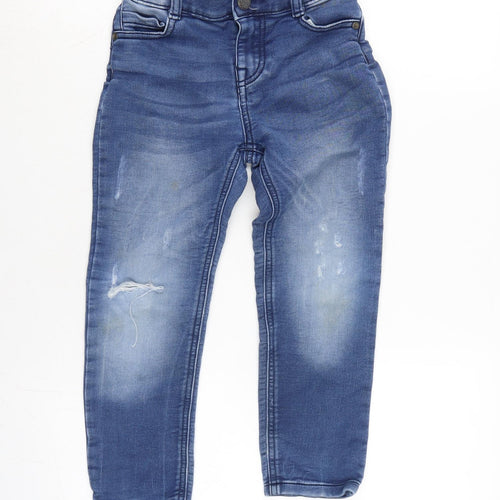 F&F Boys Blue Cotton Straight Jeans Size 5-6 Years Regular Zip - Inside Leg 18.5in - Distressed.