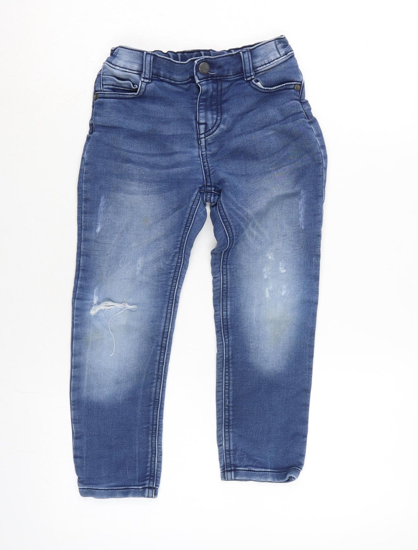 F&F Boys Blue Cotton Straight Jeans Size 5-6 Years Regular Zip - Inside Leg 18.5in - Distressed.