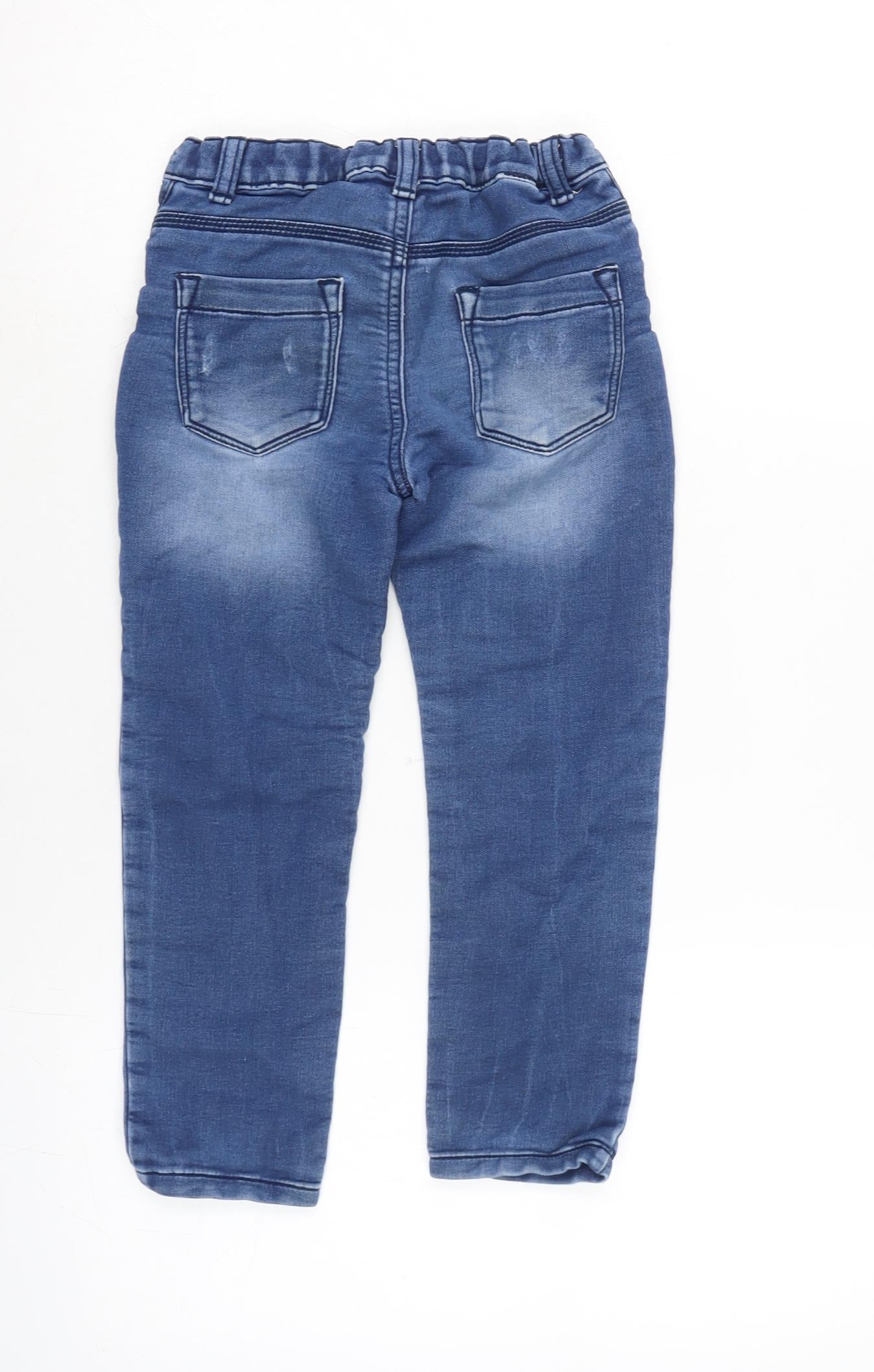 F&F Boys Blue Cotton Straight Jeans Size 5-6 Years Regular Zip - Inside Leg 18.5in - Distressed.