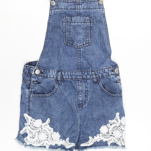 Denim & Co. Girls Blue Cotton Dungaree One-Piece Size 11-12 Years Snap - Pit to pit 7.5 In - Adjustable straps.