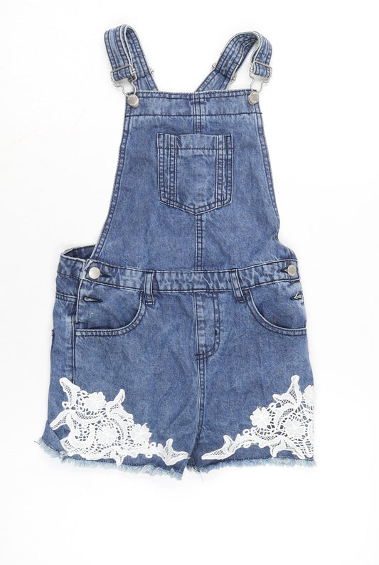Denim & Co. Girls Blue Cotton Dungaree One-Piece Size 11-12 Years Snap - Pit to pit 7.5 In - Adjustable straps.