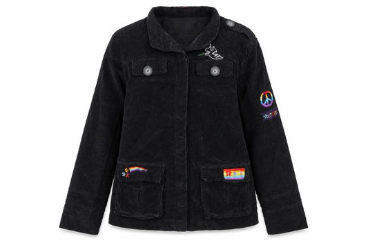 Front view of Uttam London. women’s black jacket, size S, button - embroidery detail