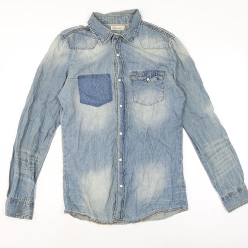 Influence Mens Blue Cotton Button-Up Size S Collared Snap