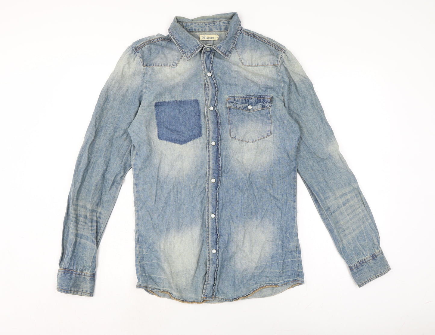 Influence Mens Blue Cotton Button-Up Size S Collared Snap