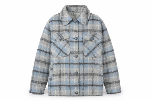 Front view of Topshop women’s blue check jacket, size M, button