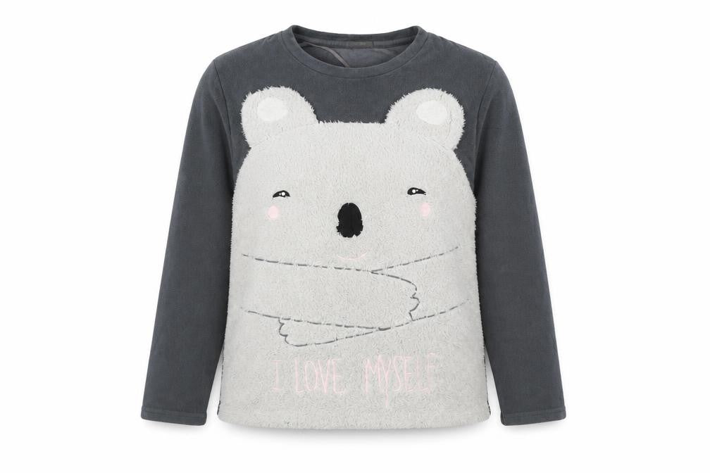 Front view of Oysho women’s grey polyester pullover sweatshirt, size M, - teddy bear