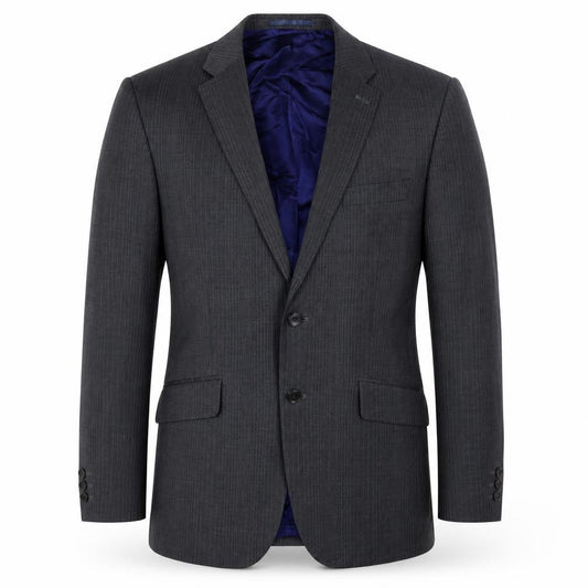 Front view of Burton men’s grey striped polyester jacket suit jacket, size 38, regular