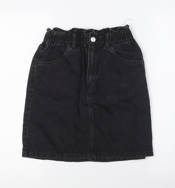 Divided Womens Black Cotton A-Line Skirt Size 6 Button - Elasticated Waist