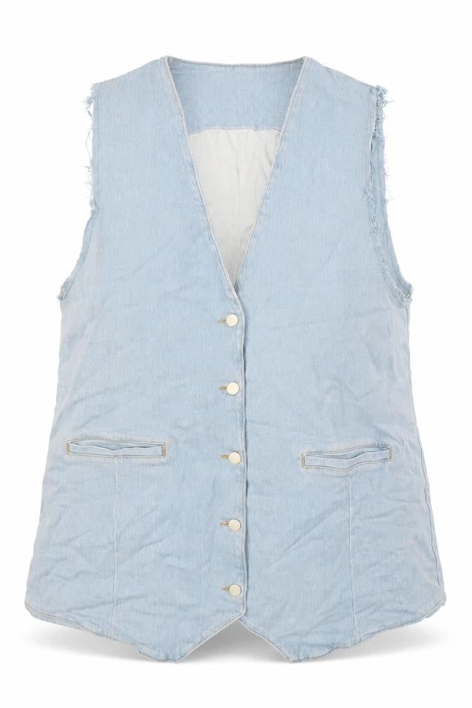 Front view of Zara women’s blue jacket waistcoat, size M, button - raw sleeves