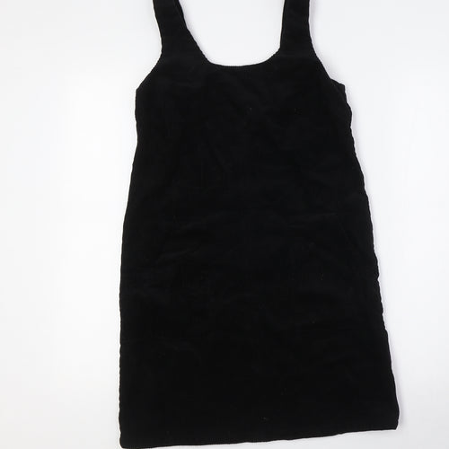 New Look Womens Black 100% Cotton Pinafore/Dungaree Dress Size 6 Scoop Neck Tie