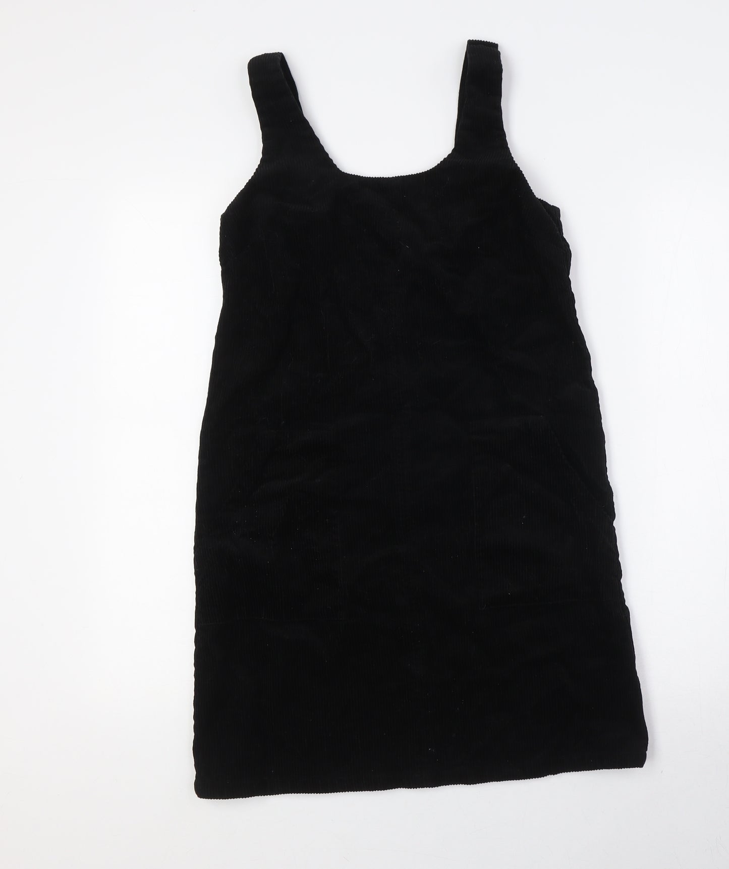 New Look Womens Black 100% Cotton Pinafore/Dungaree Dress Size 6 Scoop Neck Tie