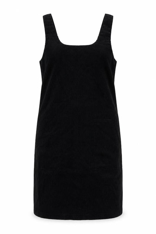 Front view of New Look women’s black 100% cotton pinafore/dungaree dress, size UK 6, scoop neck tie