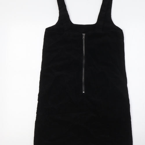 New Look Womens Black 100% Cotton Pinafore/Dungaree Dress Size 6 Scoop Neck Tie