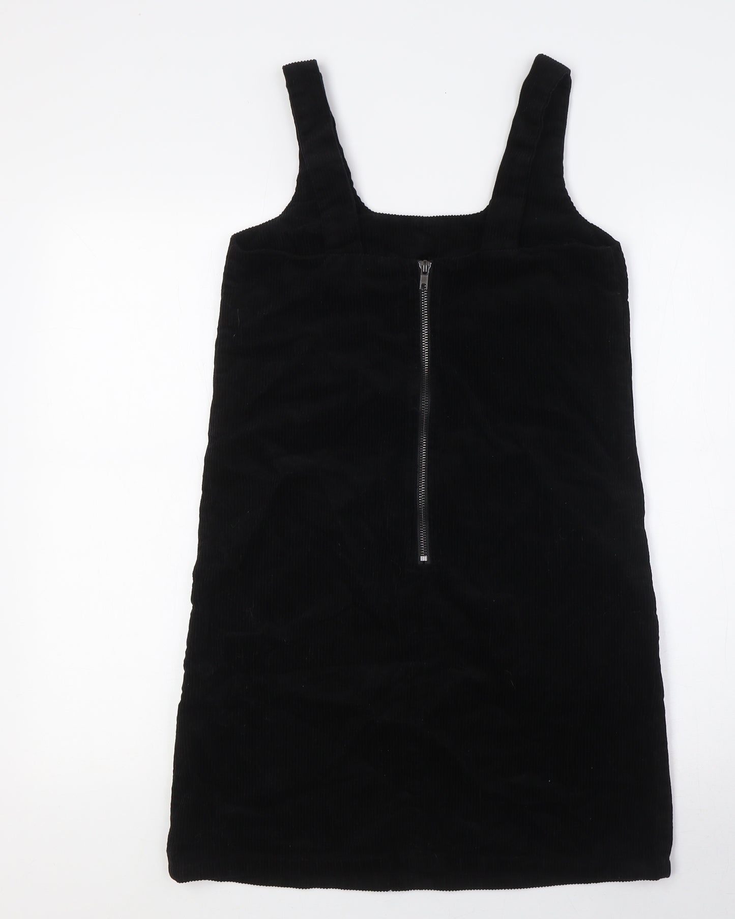 New Look Womens Black 100% Cotton Pinafore/Dungaree Dress Size 6 Scoop Neck Tie