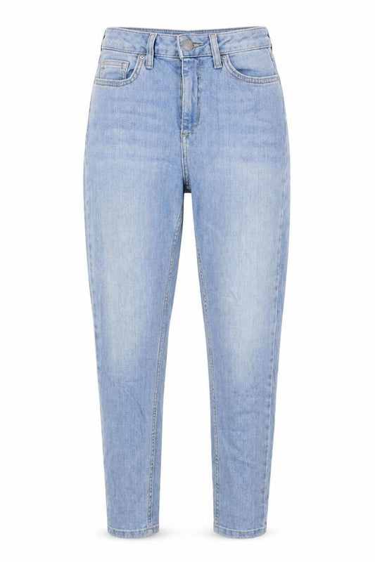 Front view of BDG women’s blue cotton mom jeans, size UK 26, in, 26-inch leg regular button