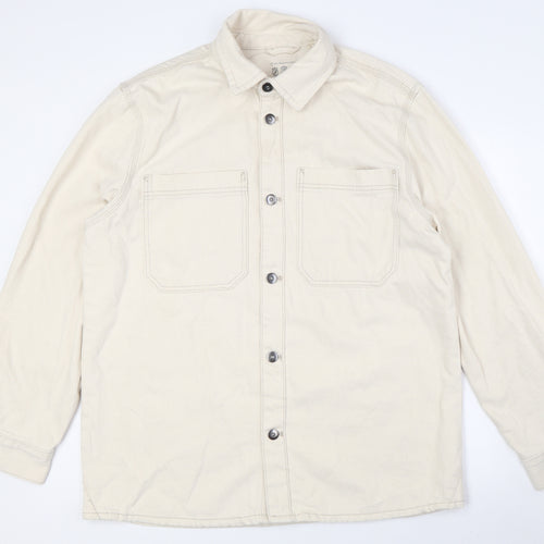 Primark Mens Ivory Cotton Button-Up Size L Collared Button