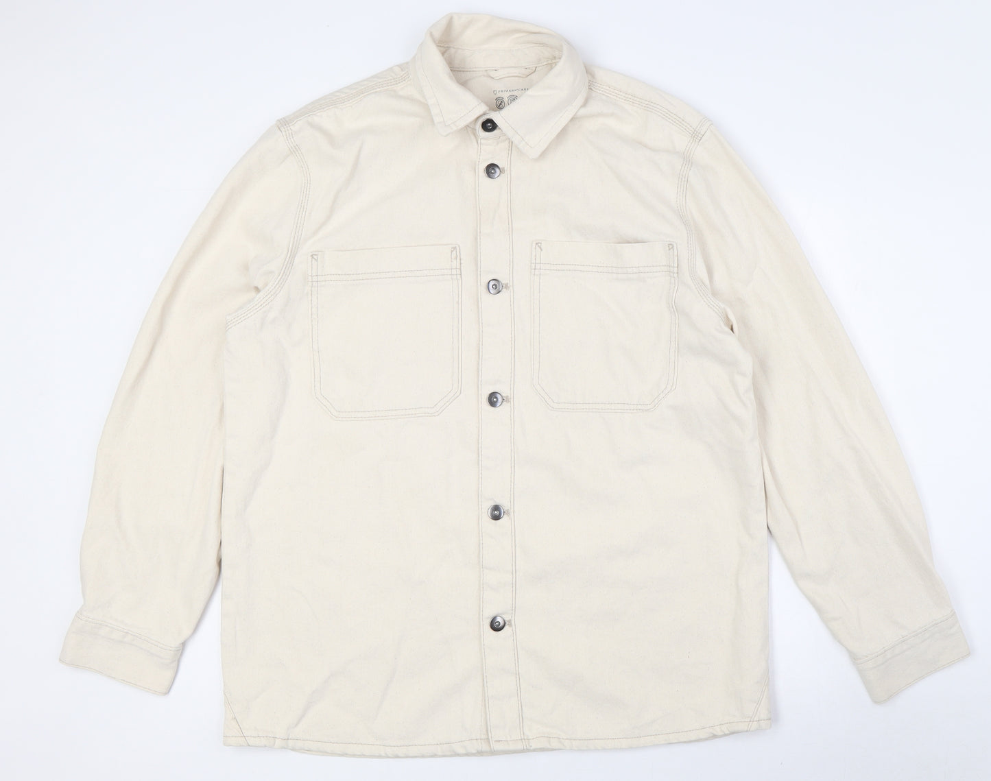 Primark Mens Ivory Cotton Button-Up Size L Collared Button