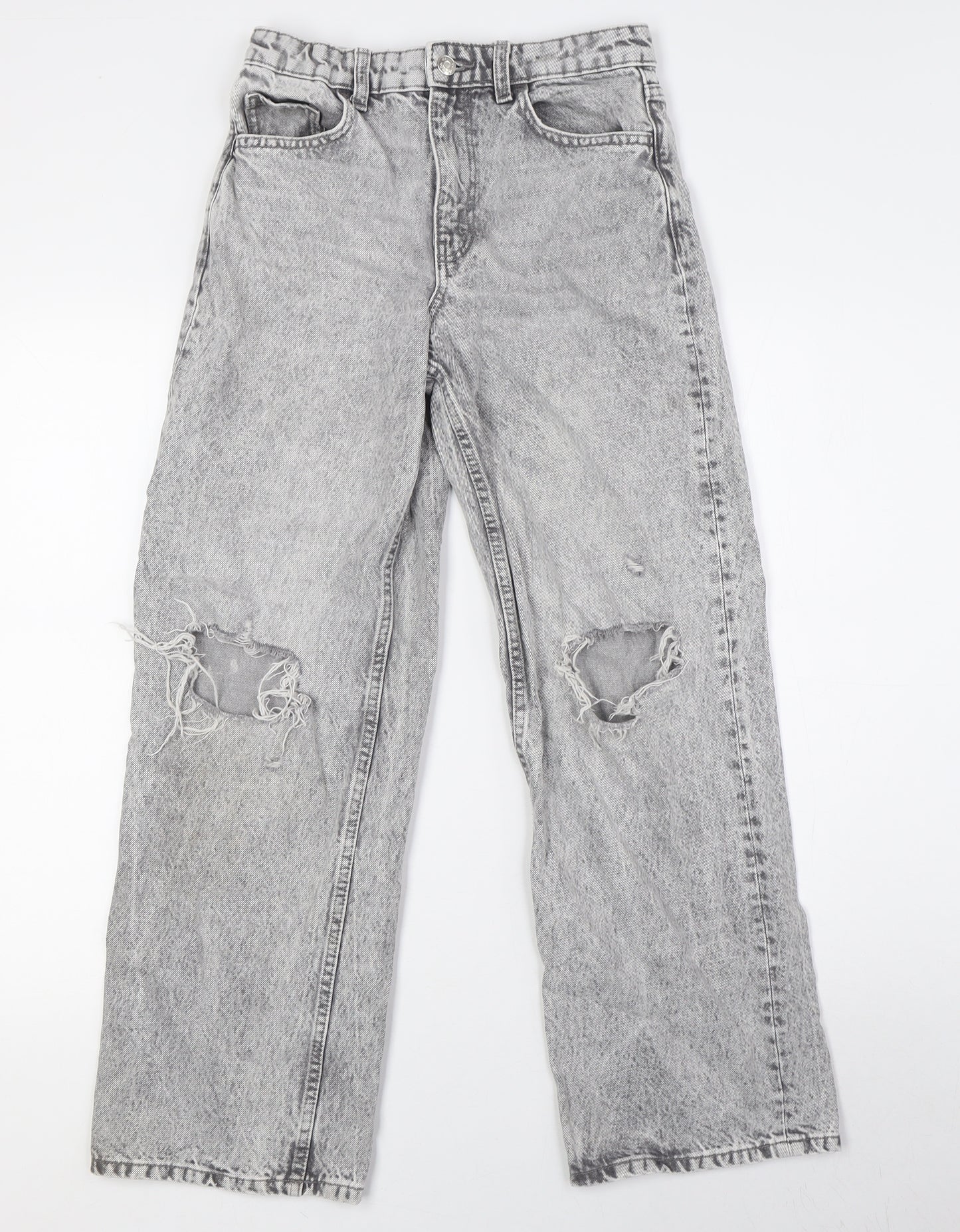 Denim Co Girls Grey Cotton Wide-Leg Jeans Size 11-12 Years L28 in Regular Button - Stone Wash, Destressed